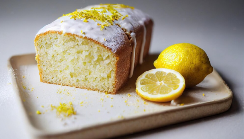 Slices of lemon cake with powdered sugar on plate