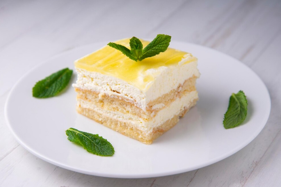 lemon tiramisu decorated with mint on a white plate