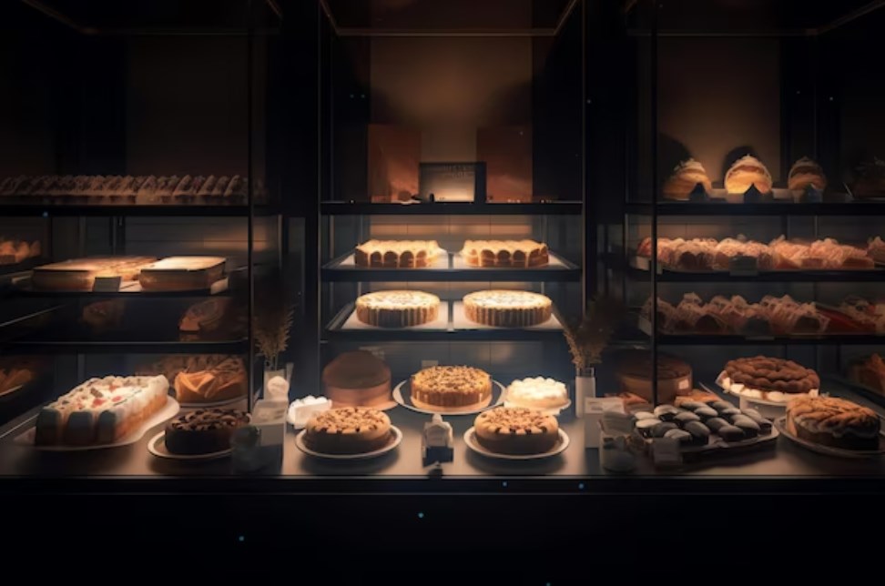 various desserts highlighted on display in a dark room