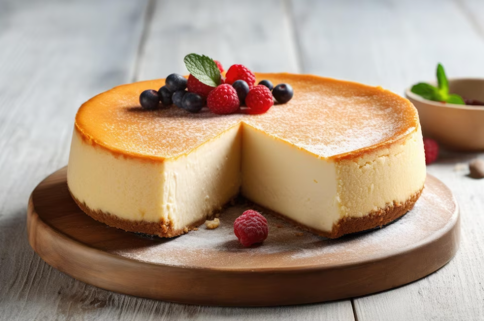 cut cheesecake with berries and mint on a wooden desk