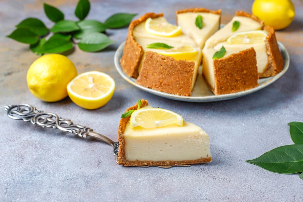 cheesecake with lemon and mint on a plate, lemon leaves all over the table