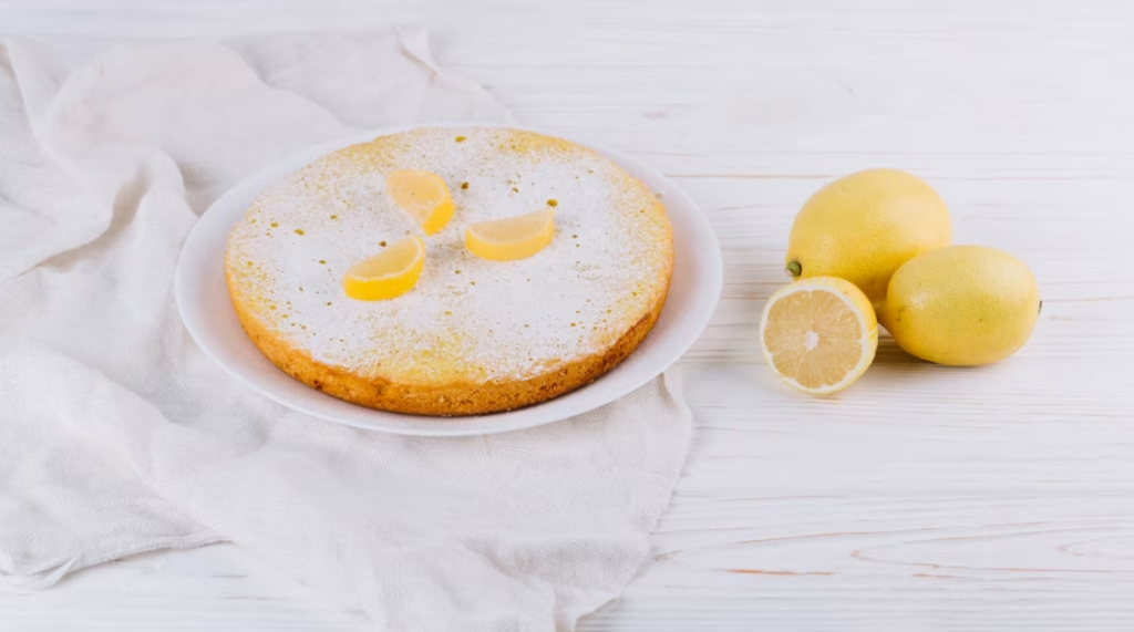 round lemon cake served on a plate with lemons, lemons on the white wooden table