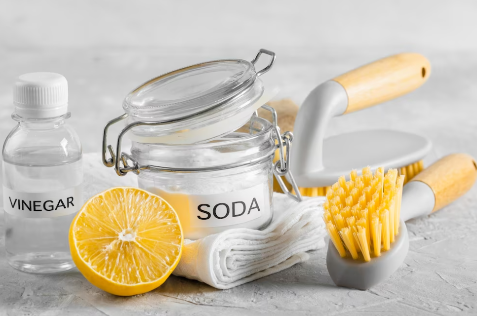 a glass jar with soda and vinegar on the white towel, lemon on the table